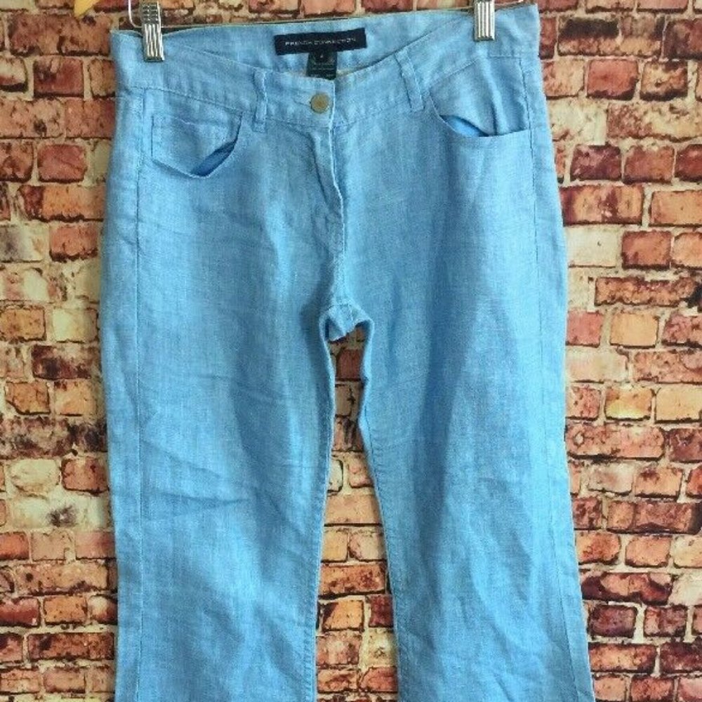 French Connection Blue 100% Linen Casual Pants
